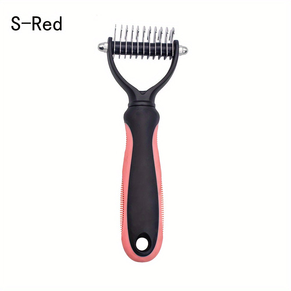 Dual-sided dog grooming brush removes knots and undercoat easily.