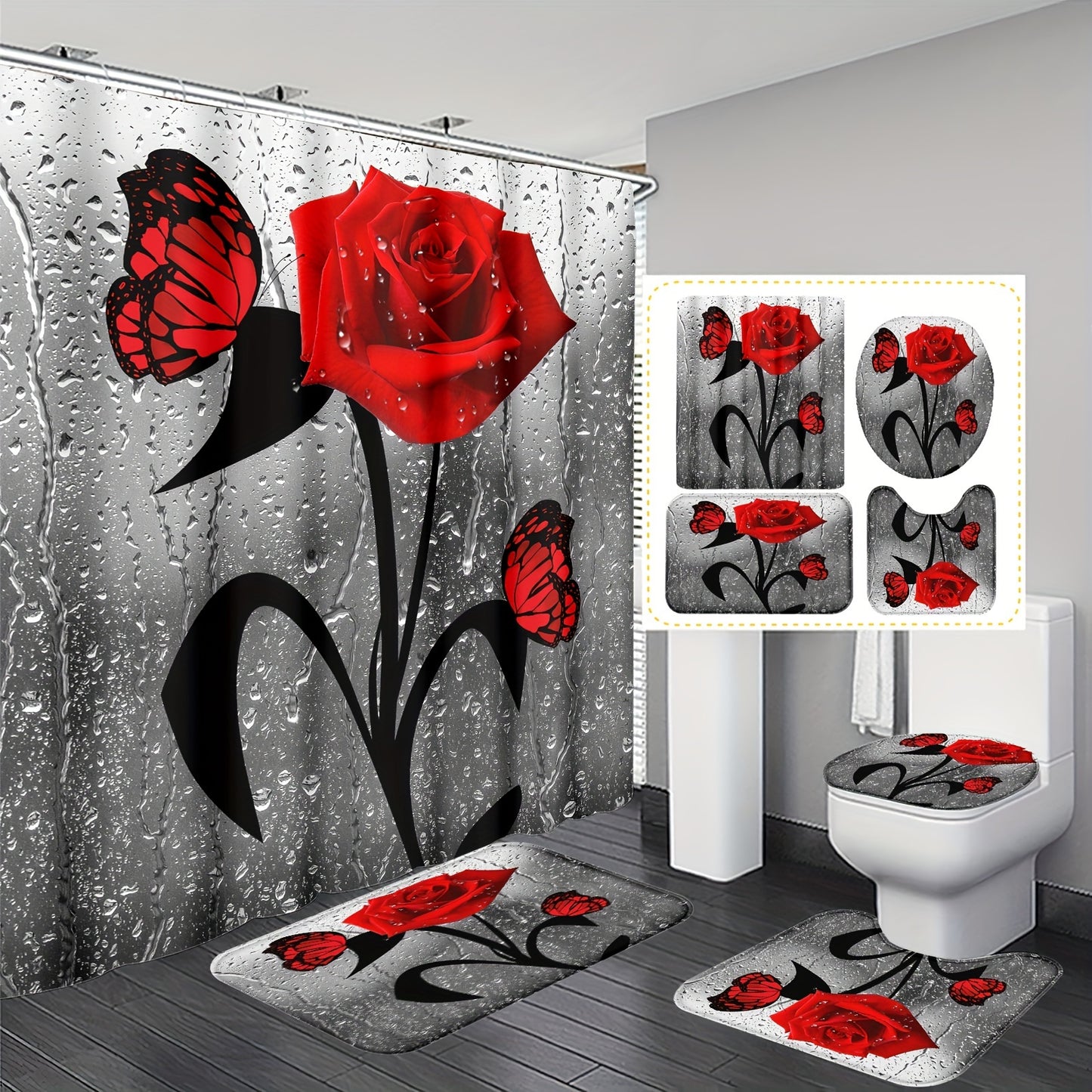 Water drop rose printed shower curtain set with hooks, non-slip mat, toilet lid mat, U-shape mat, and bathtub partition, a complete bathroom accessory set for home decor.