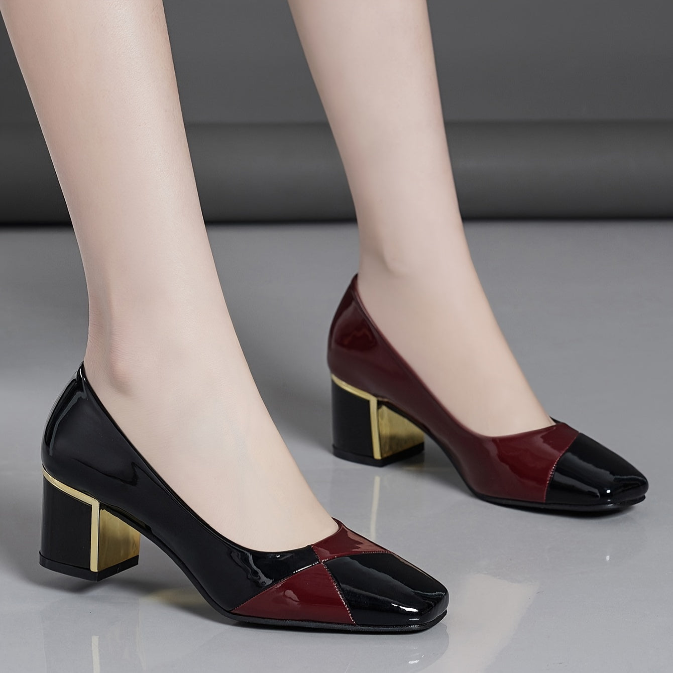 Womens chunky heels with contrasting colors and square toe design, slip-on style for fashion lovers.