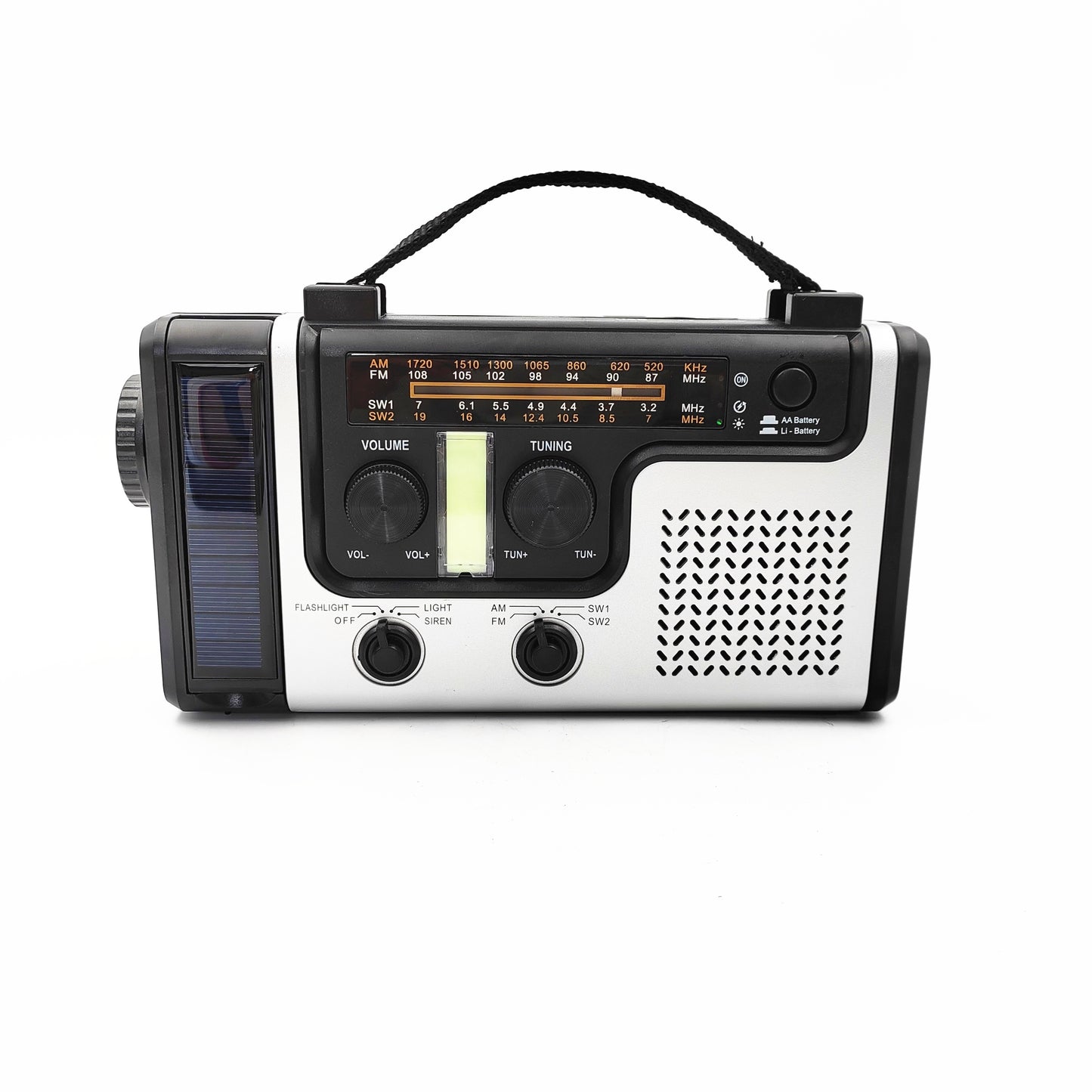 Hand crank emergency radio with AM/FM/SW bands, flashlight, siren, reading light, and mobile phone charger.