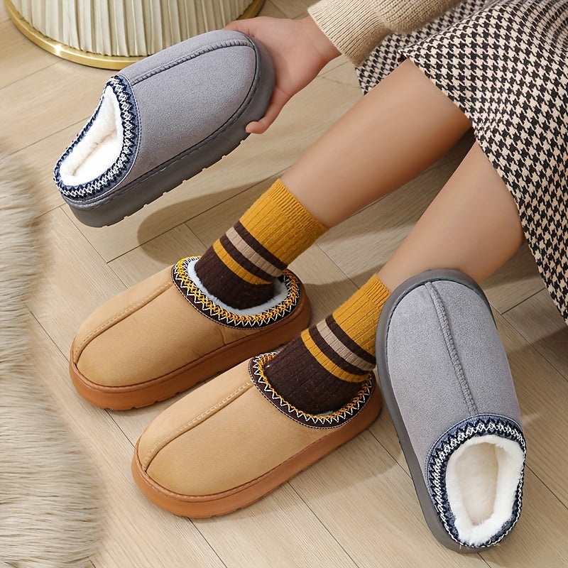 Warm and stylish beige flannel slippers for women with plush lining and striped cuff detail, suitable for indoor and outdoor wear.