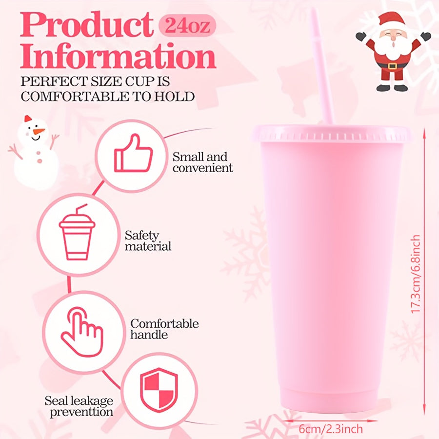 5/10 Pink plastic tumblers with lids and straws, 24oz, ideal for summer parties and poolside use. Hand wash only, PVC free. Great for gifts and decorations.