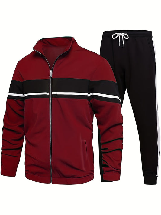 Men's plus size casual sports set made of 100% knit polyester with color block design. Features a boat collar, regular fit, slight stretch, and suitable for autumn/winter fashion. Style