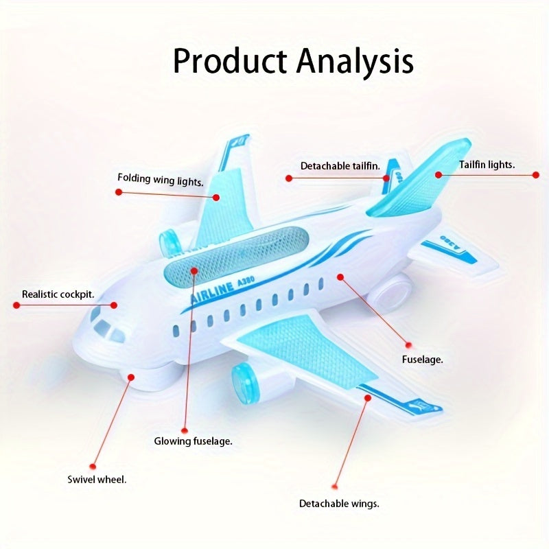 Interactive Electric Airplane Toy for Kids with Lights & Music - Battery-Powered, White Plastic Aircraft Model for Boys & Girls, All-directional Flight