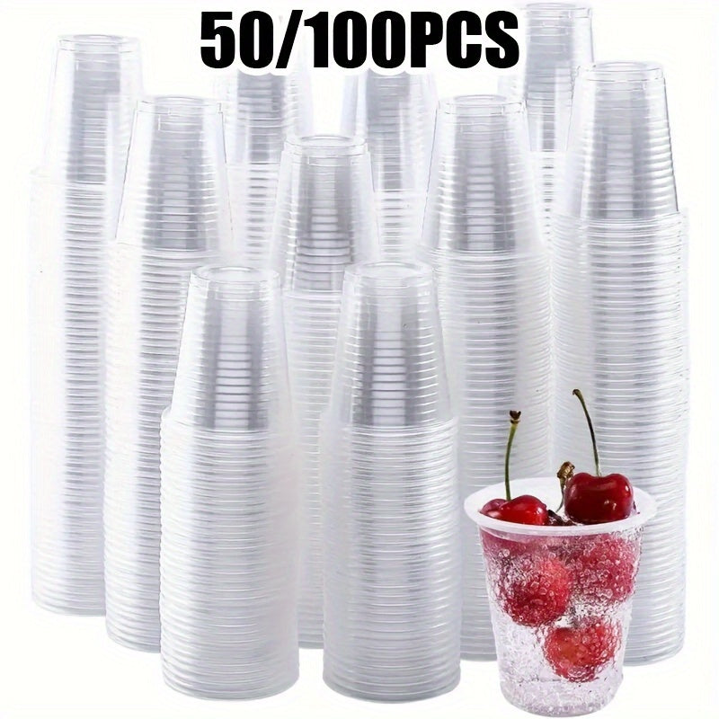 50 to 100 pieces of high-quality disposable plastic cups, with a clear design suitable for serving snacks, fruits, and cold drinks. These cups are recyclable and are perfect for use at home parties, restaurants, picnics, and other events.