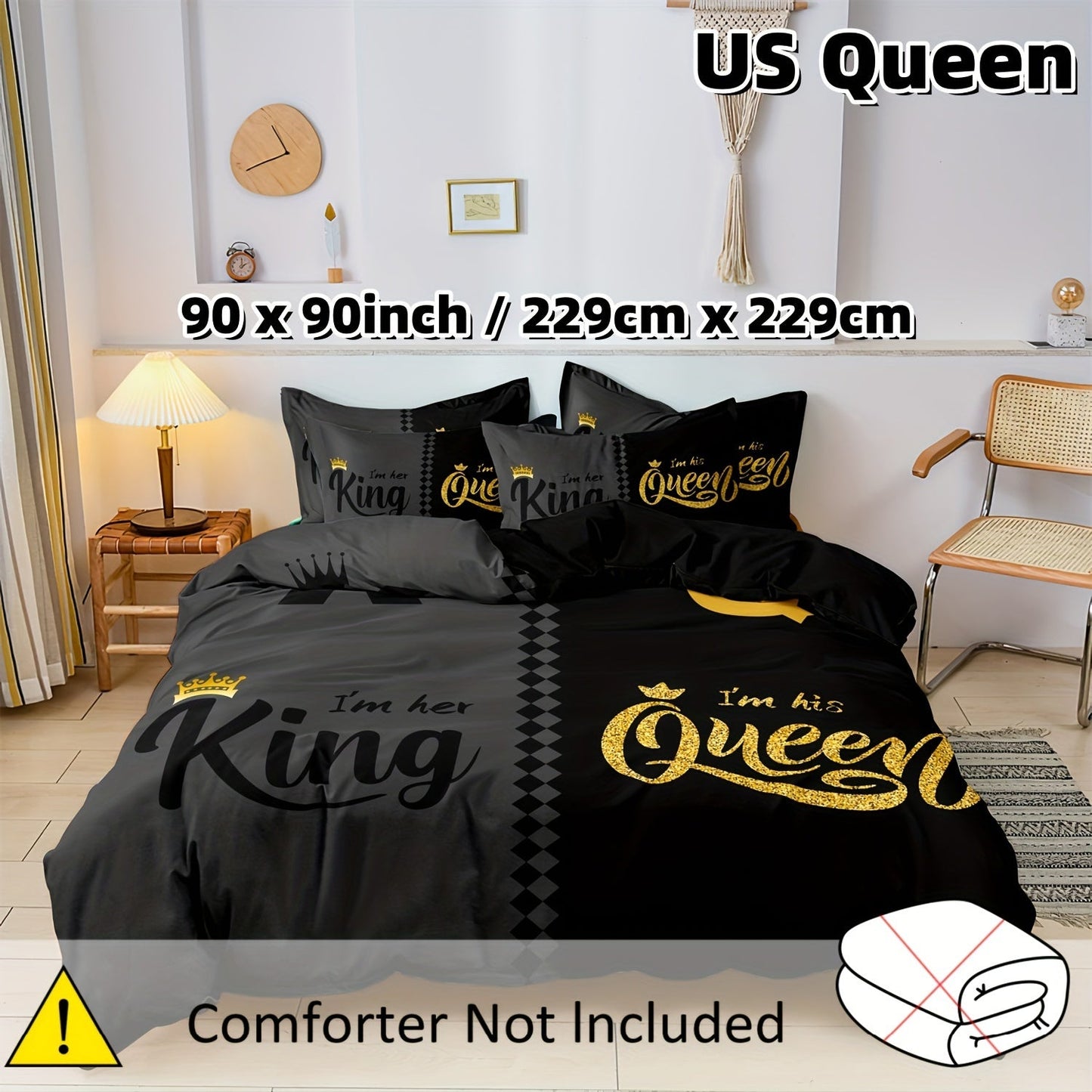 Valentine's Day Queen & King Crown Design Duvet Cover Set - 3 Piece Set, Printed Crown Design, Soft Polyester, Breathable, Machine Washable - Includes 1 Duvet Cover & 2 Pillowcases (Insert Not Included)