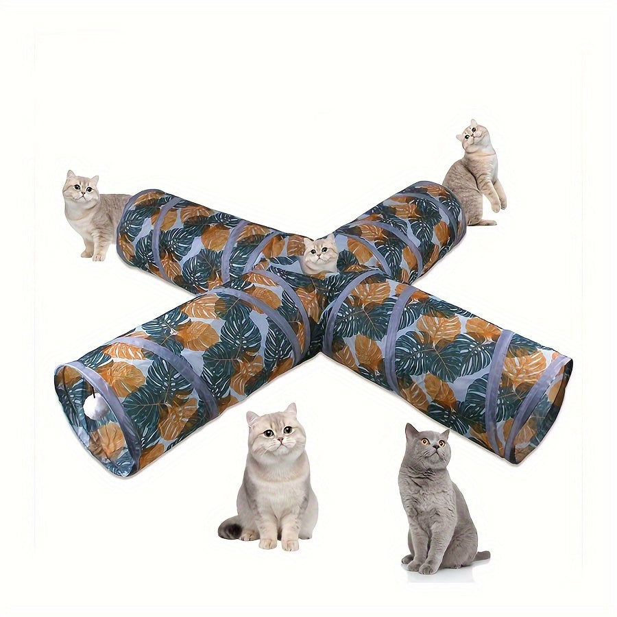 Collapsible cat tunnel with playful leaf print, foldable polyester pet toy for cats. Interactive and stimulating fun, easy to store and clean. Durable interactive cat toy.