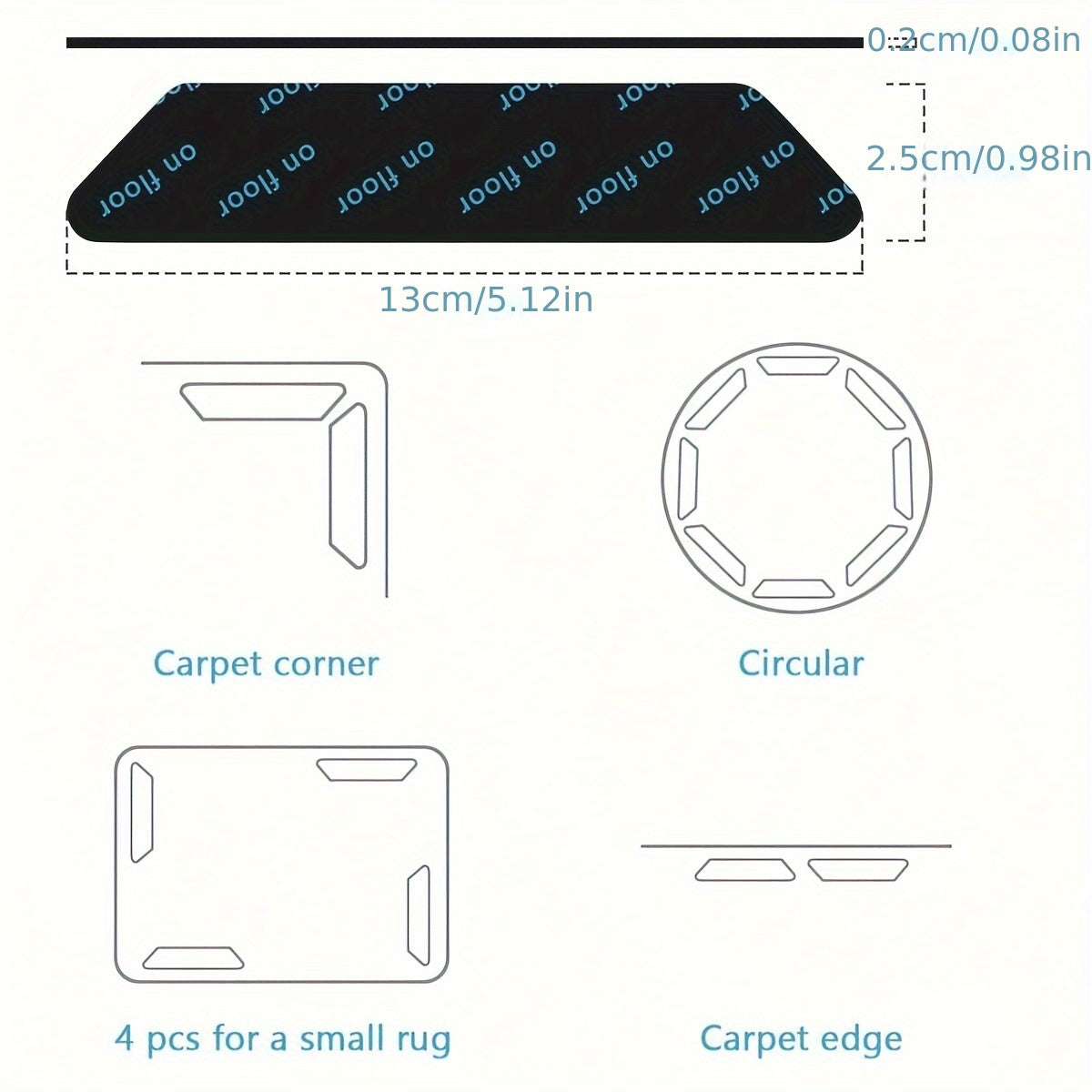 Get 8, 12, or 16 reusable washable carpet holders for hardwood floors and area rugs. This double sided carpet tape is non-slip and perfect for corners. Say goodbye to slipping and sliding carpets on wood and tile floors with this non-slip carpet sticker