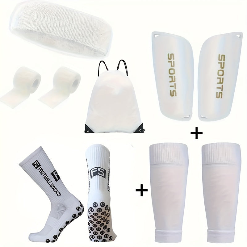 FS Sports 6-piece set for men and women includes non-slip socks, calf sleeves, drawstring backpack, headband, sports tape, and leg sleeves. Perfect for soccer, yoga, and outdoor activities.