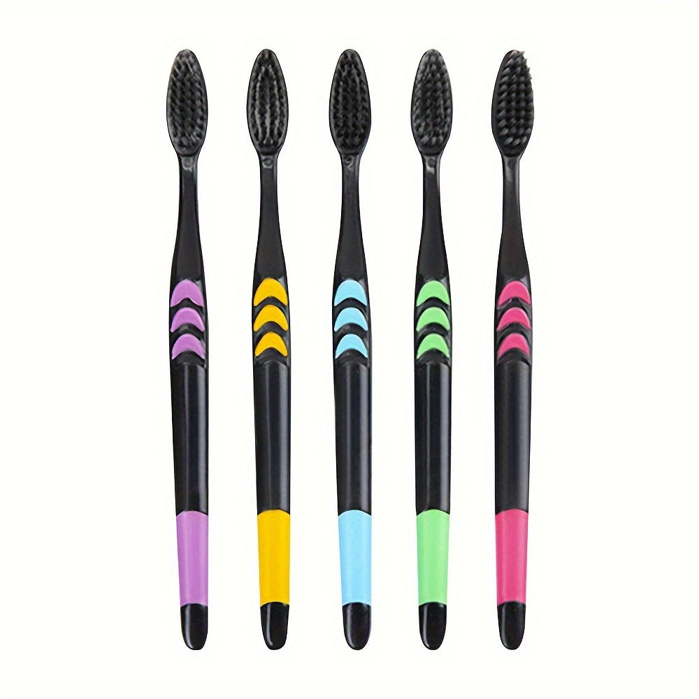 5/10 soft bristle toothbrushes with multicolor grip handles and black nylon bristles for adults, ideal for deep manual oral care.