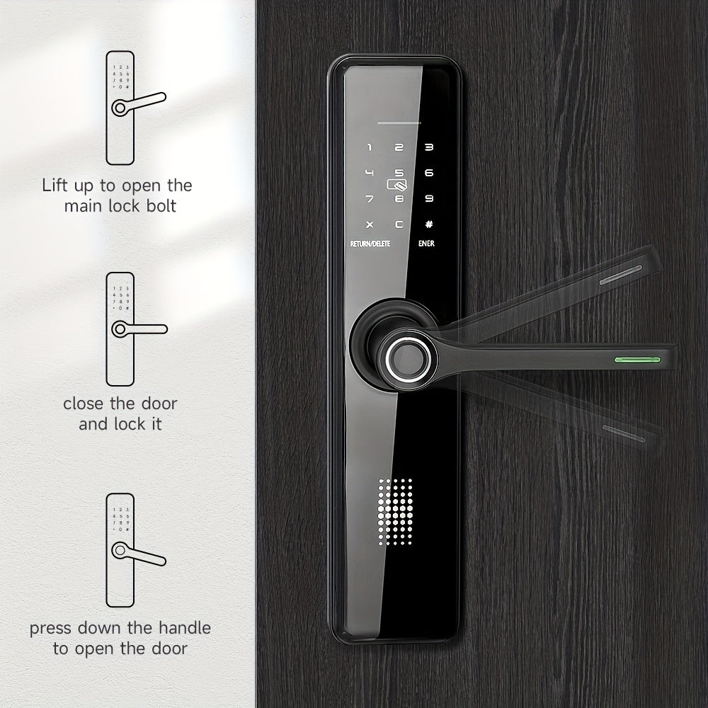 The SUMUS Smart Door Lock is a keyless entry, front door lock made of aluminum alloy. It is universal, battery powered, with Wi-fi, and includes an app and keypad. Shock-resistant but