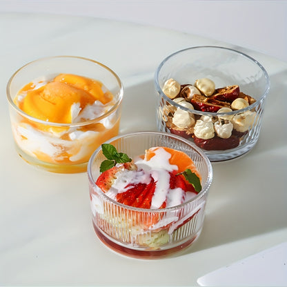 Versatile clear glass dessert bowls in 3 sizes for any occasion, suitable for yogurt, jams, and other desserts. Hand wash only. Reusable and recyclable.