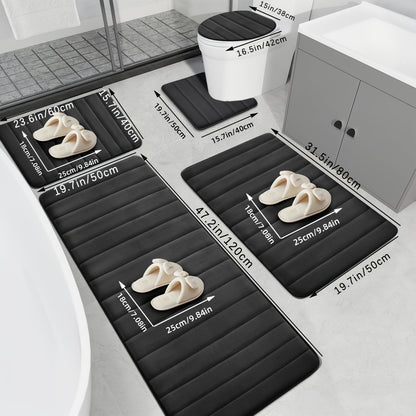 5-piece luxury memory foam bath mat set in black, dark gray, light gray, blue, and brown. Plush, non-slip, ultra absorbent rugs ideal for sink, tub, shower, and toilet. Machine washable, quick dry, soft polyester blend. Perfect for the bathroom.