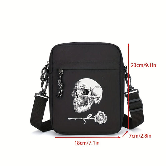 Stylish black Oxford cloth shoulder bag for men and women, featuring a skull and rose print. Large capacity with adjustable strap for daily use, not suitable for washing.