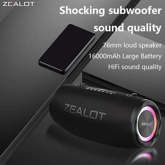 2024 Zealot 80W Tashqi Portativ Subwoofer Dinamik, Elga o'rnatilgan, HiFi Ovoz, Ikki Juftlash, 16000mAh Batareya, 24 Soat O'ynash Vaqti, Zaryadlash Kabeli. Mobil Qurilmalar bilan Mos. Ideal