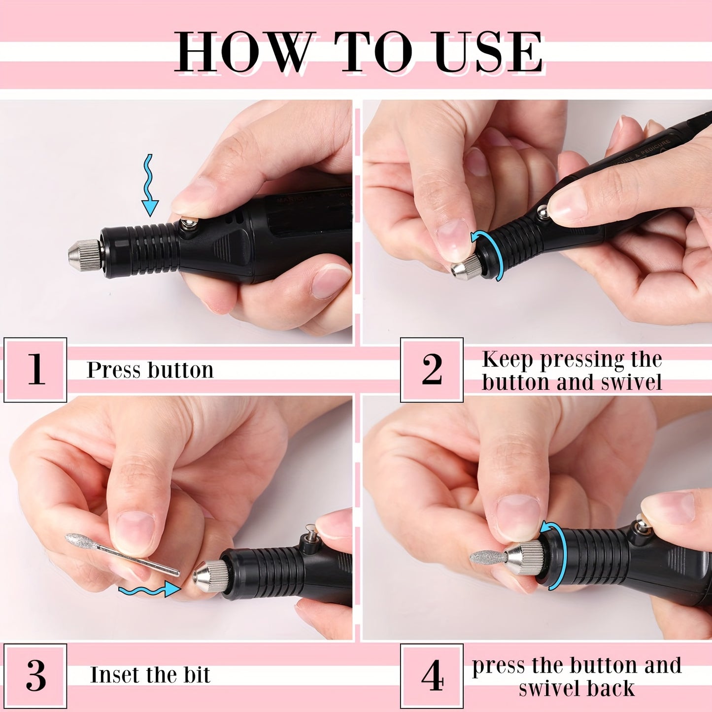 Portable electric nail drill kit with adjustable speed, USB-powered, includes multiple attachments for DIY nail art and manicure/pedicure, no battery required.