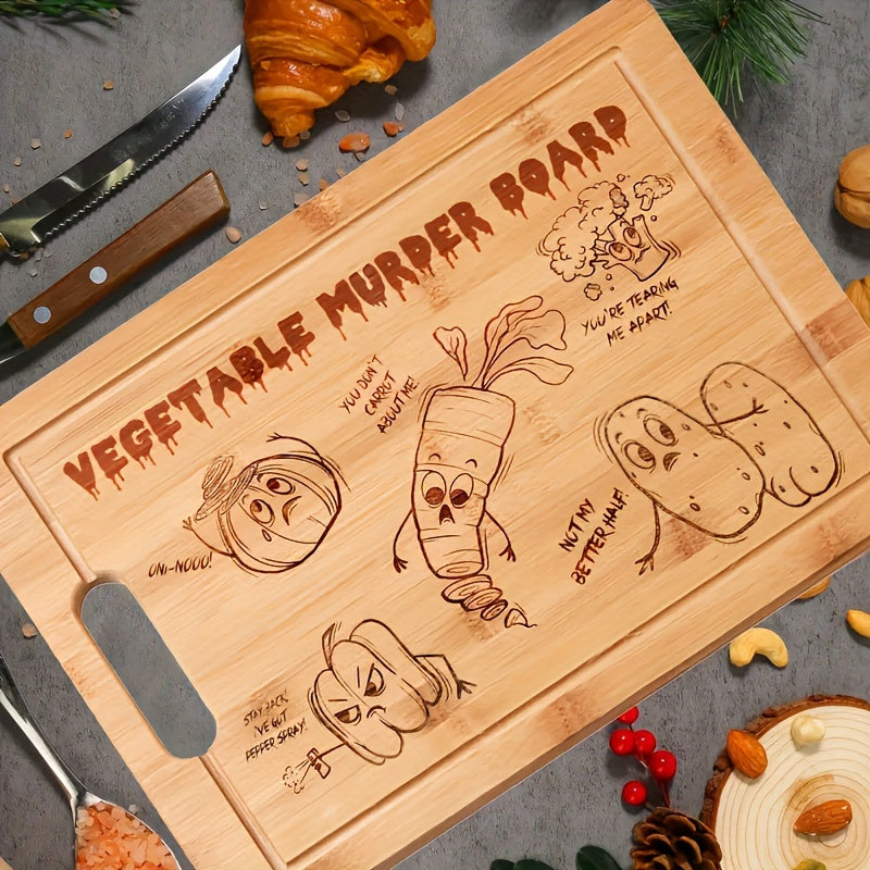 Engraved Bamboo Cutting Board with a Humorous Vegetable Murder Design - Non-Stick Chopping Board for Independence Day, Manual Kitchen Decor, Perfect Christmas Housewarming Gift