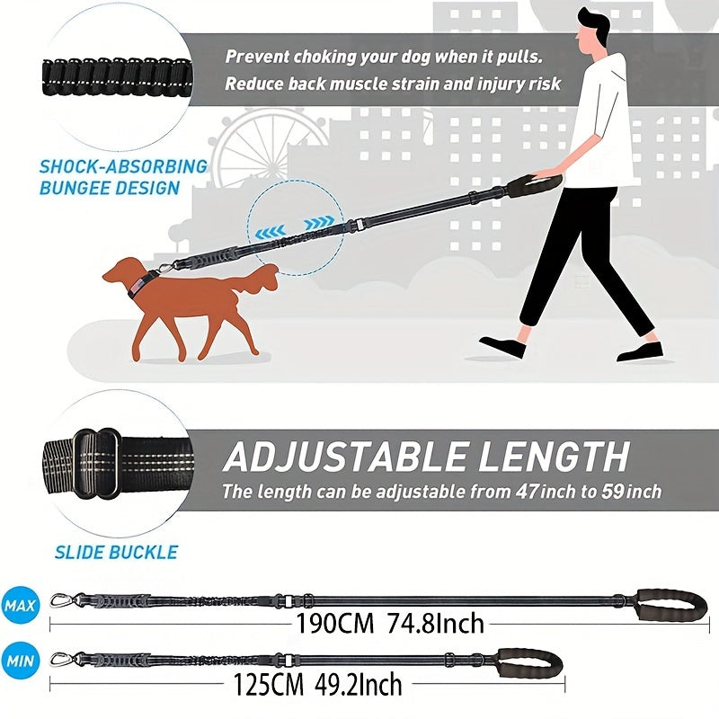 Bungee dog leash with 2 padded handles, reflective threads for medium to large dogs, 4-in-1 multifunctional design with car seat belt.