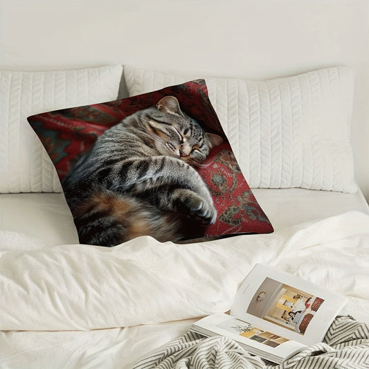 1 piece of Lodge Style Grey Tabby Cat Pattern Polyester Pillow Cover, measures 45.72x45.72 cm. Can be machine washed and features a zipper closure. The decorative cushion case has a single-sided print, suitable for various room types such as Valentine's