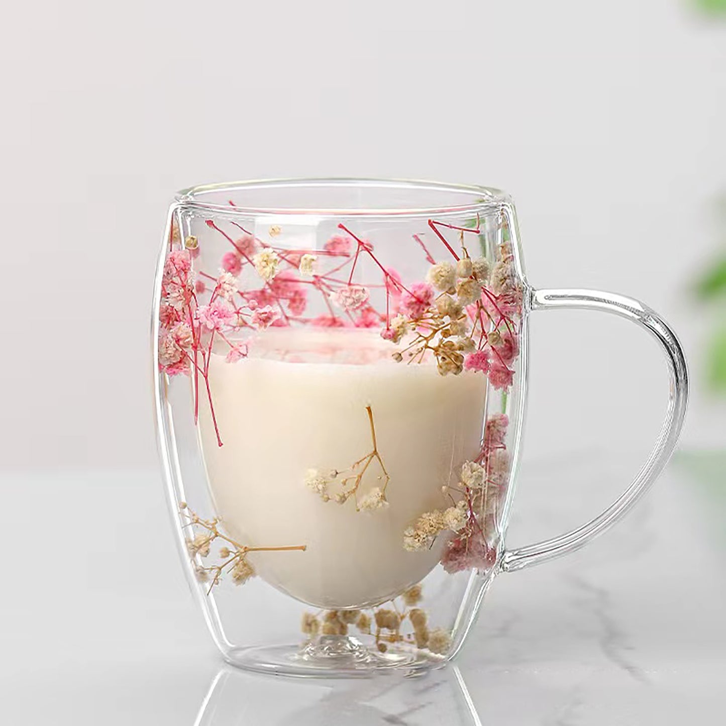 Double layer coffee cup mug with fresh flowers, suitable for home and office, perfect holiday gift.