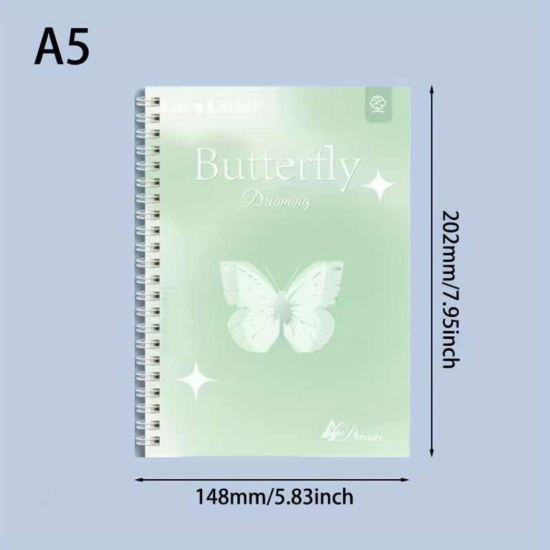 Set of 4 A5 butterfly dream coil notebooks with wide ruled spiral design, durable high-quality paper, lay-flat 360° design, cute and stylish for writing and notes.