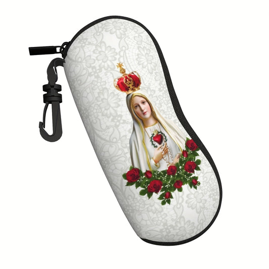 Virgin Mary Our Lady of Fatima Print Eyeglass Case with Keychain, Waterproof Sunglass & Reading Glasses Pouch, Neoprene Soft Accessory, Lightweight and Unisex - 1 Pack