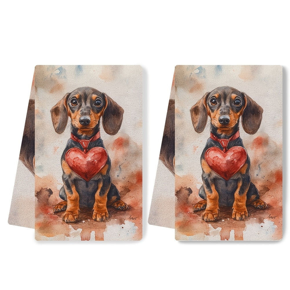 Get two ultra soft kitchen towels featuring an adorable dachshund puppy with a heart design. These highly absorbent and machine washable hand towels measure 40.64x60.96 cm and are perfect for Valentine's Day decor or as dish towels.