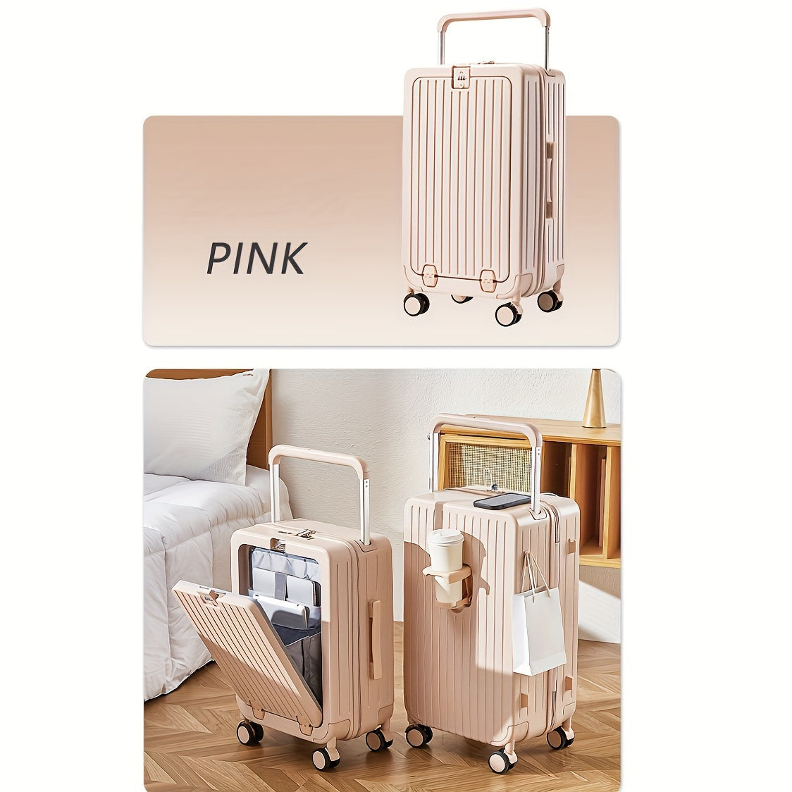 1pc Suitcase with front opening storage compartment, dry and wet separation compartment, unique wheel design, and travel password boarding feature.