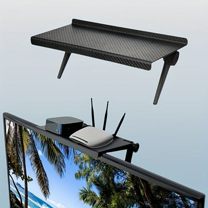 Sleek Adjustable TV Screen Top Shelf with Carbon Fiber Look - No-Drill Monitor Riser and Router Storage Rack, Versatile Organizer for Multiple Devices, Durable Plastic, Perfect for Any Room, Space-Saving and Stylish Electronics Holder with Modern Design.