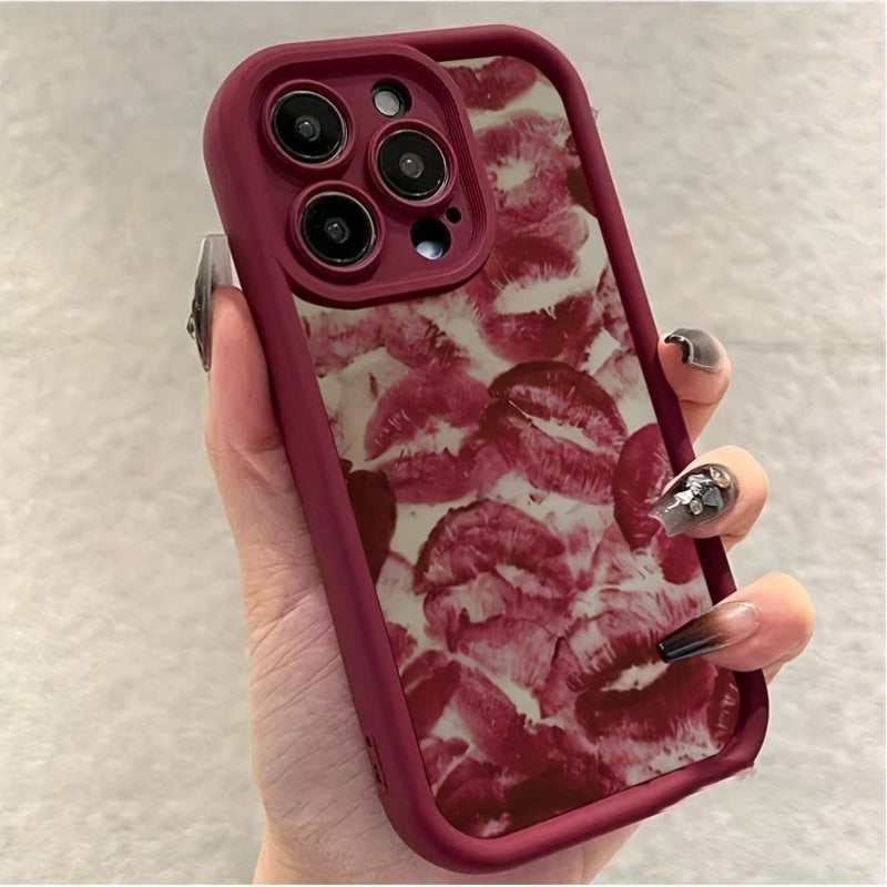 High-quality TPU phone case with red lip print design for various iPhone models.