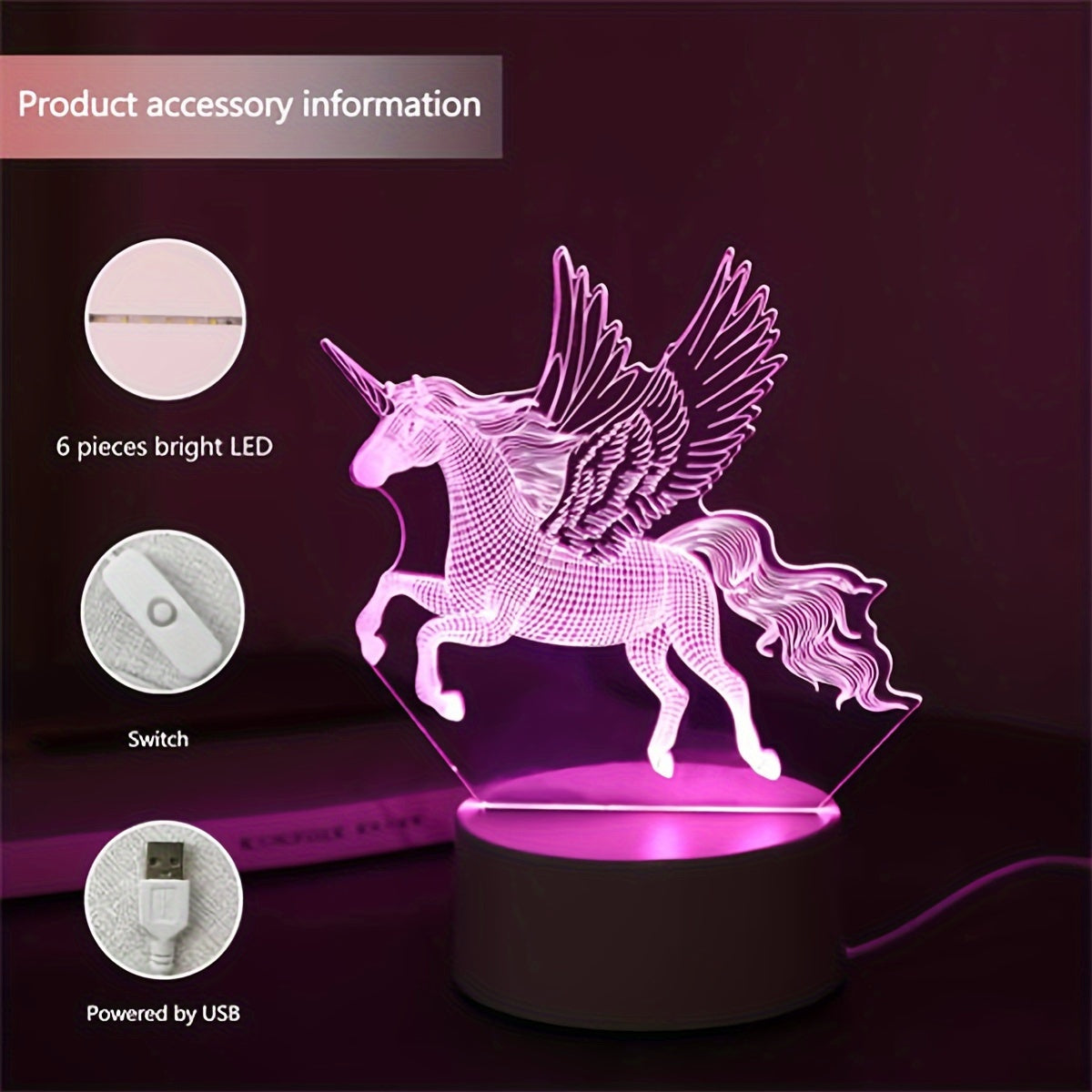 Pink unicorn night light for kids' bedrooms.