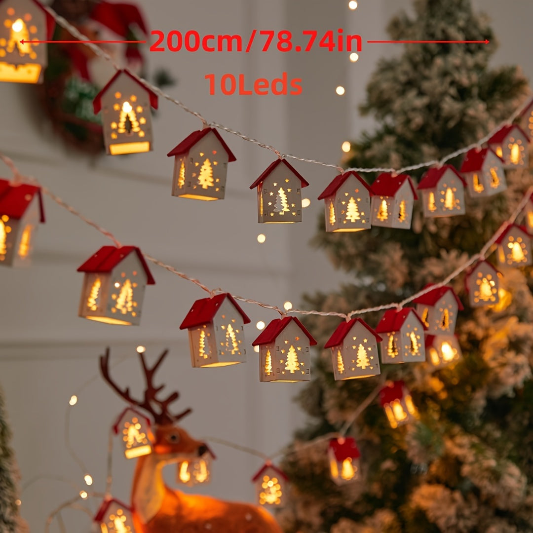 Wooden Reindeer House Fairy Tale String Lights, 2M 10-LED Red Christmas Garland, Battery Operated, Toggle Control Multi Light for Holiday Decor with LED Source.