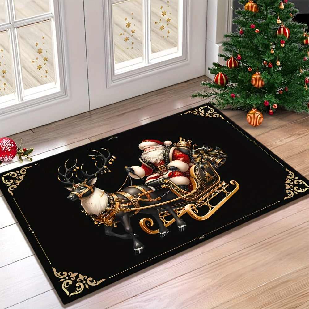 Get in the holiday spirit with our Merry Christmas Welcome Doormat! This 6mm thick mat is non-slip and machine washable, featuring a black and golden elk design that is perfect for adding a festive touch to your home decor. Ideal for Christmas