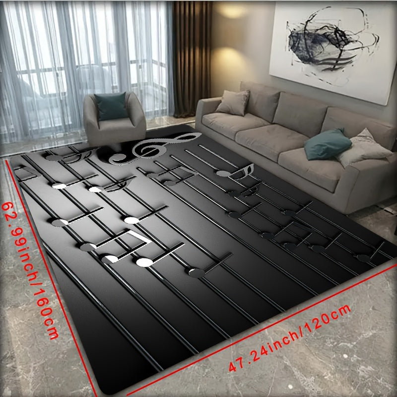 1 piece 3D musical note design rug that is non-slip, lightweight, and machine washable. Made of polyester, this carpet is perfect for music studios, living rooms, bedrooms, and entrances. It has a low pile and is machine-made, making it a stylish and