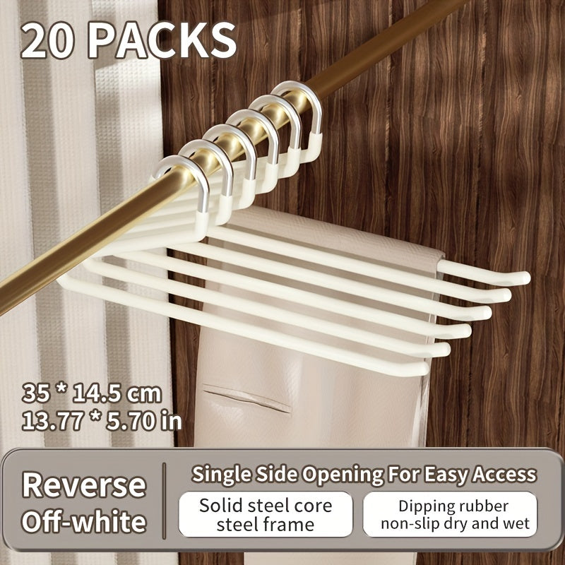 One set of 20pcs Goose-Neck Space-Saving Metal Pants Hangers, Non-slip Closet Organizers made of Durable Stainless Steel. Features Z-Shape design for Home Storage. Perfect for organizing clothes and maximizing space in your closet. Essential Home