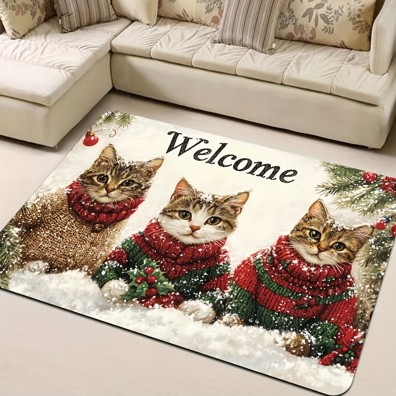 Welcome your guests with the festive 3 Cats Christmas Welcome Mat! This rectangular rug is 8mm thick and made of machine washable polyester with a PVC backing. Its durable construction allows it to be used indoors in doorways, kitchens, bathrooms, living