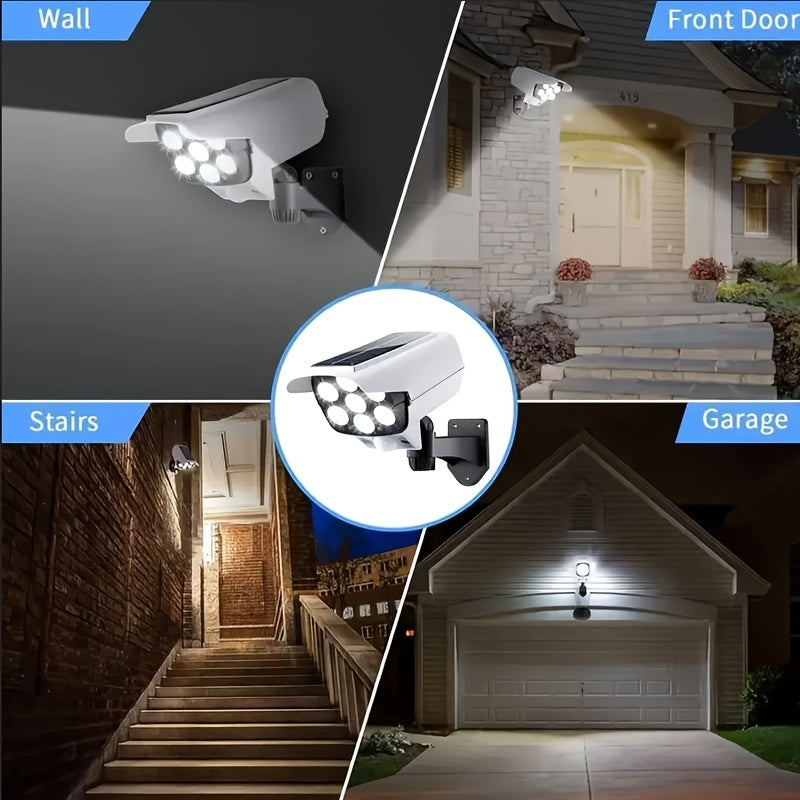 Solar-powered street light with motion sensor, dummy camera, and simulated surveillance; 77 LED lights; human body sensor; outdoor wall mount