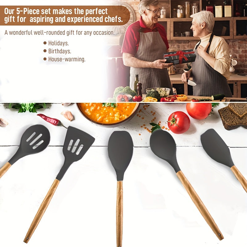 Set of 5 Kitchen Utensils with Non-Stick Coating and Wooden Handles - Ideal for Frying, Grilling, and Cooking at High Temperatures up to 400°F