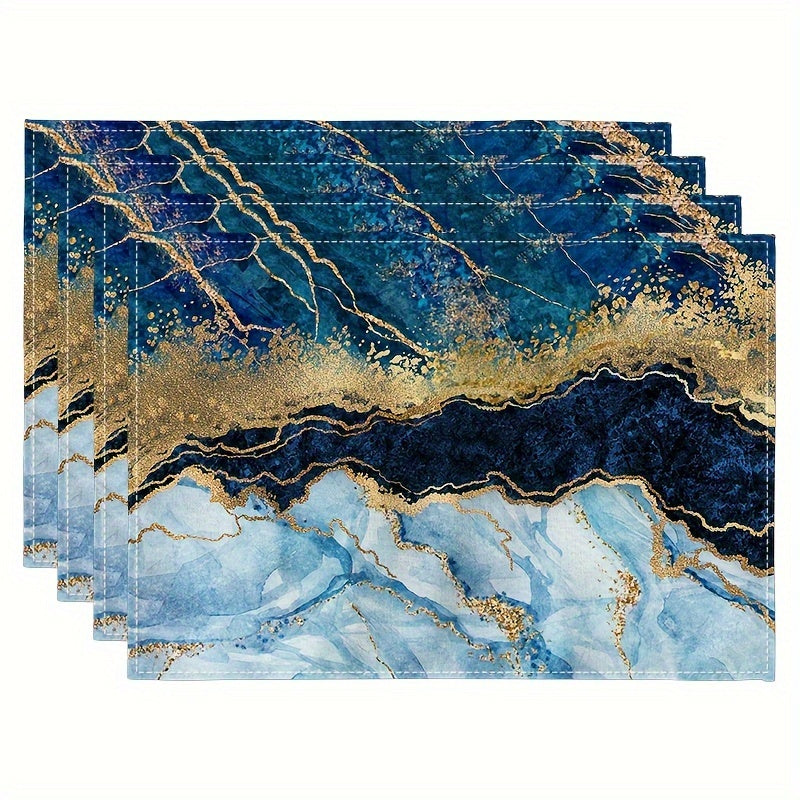 4 abstract art printed placemats with heat insulation, waterproof polyester material, perfect for dining table decor.