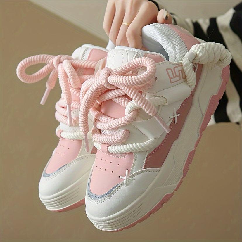 Pink chunky lace-up sneakers for women with a low-top, thick sole. Made with fabric/PU upper and rubber sole, suitable for all seasons.