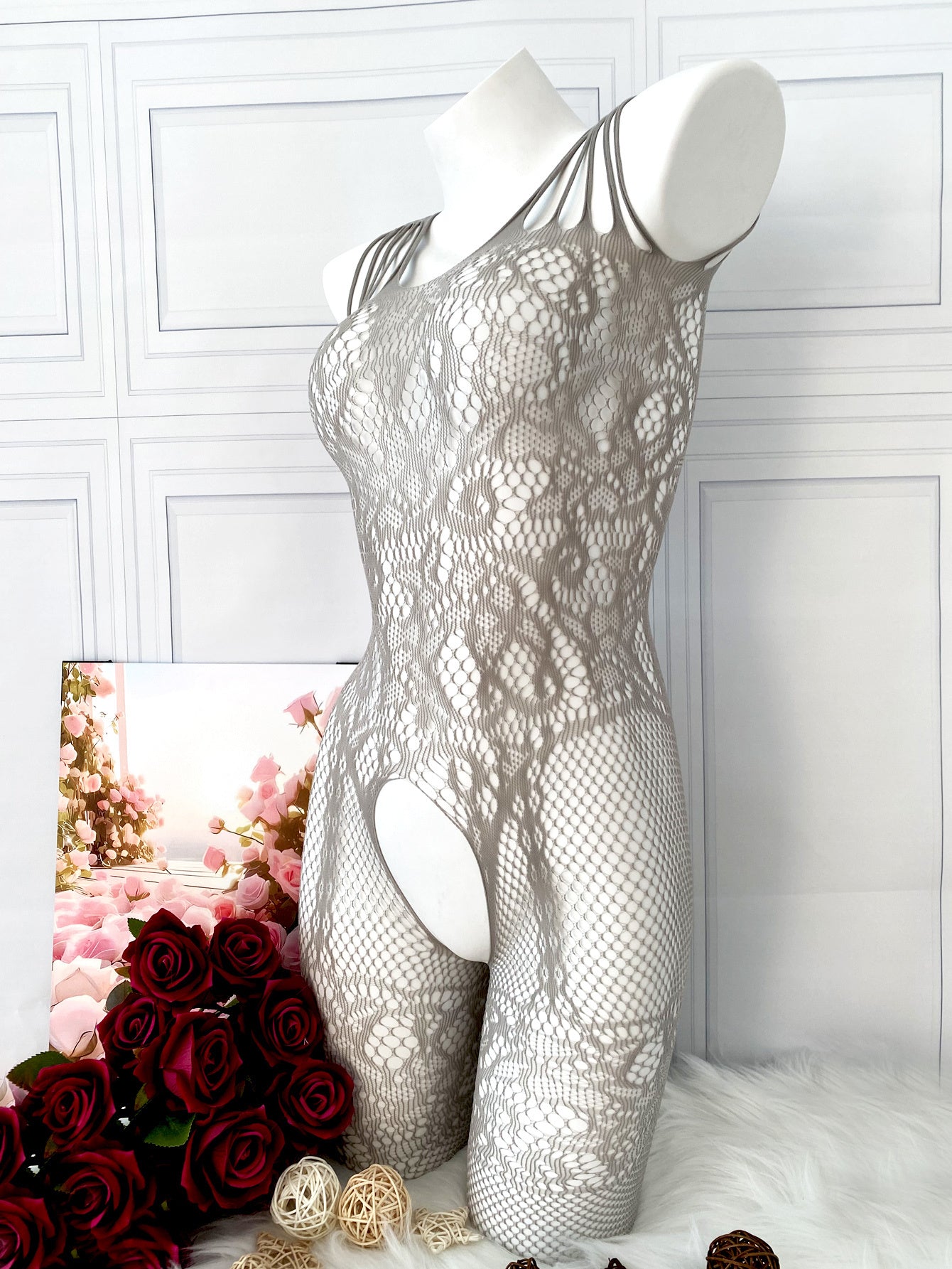 Sexy fishnet and jacquard bodystocking for intimate occasions like Valentine's Day or wedding nights.