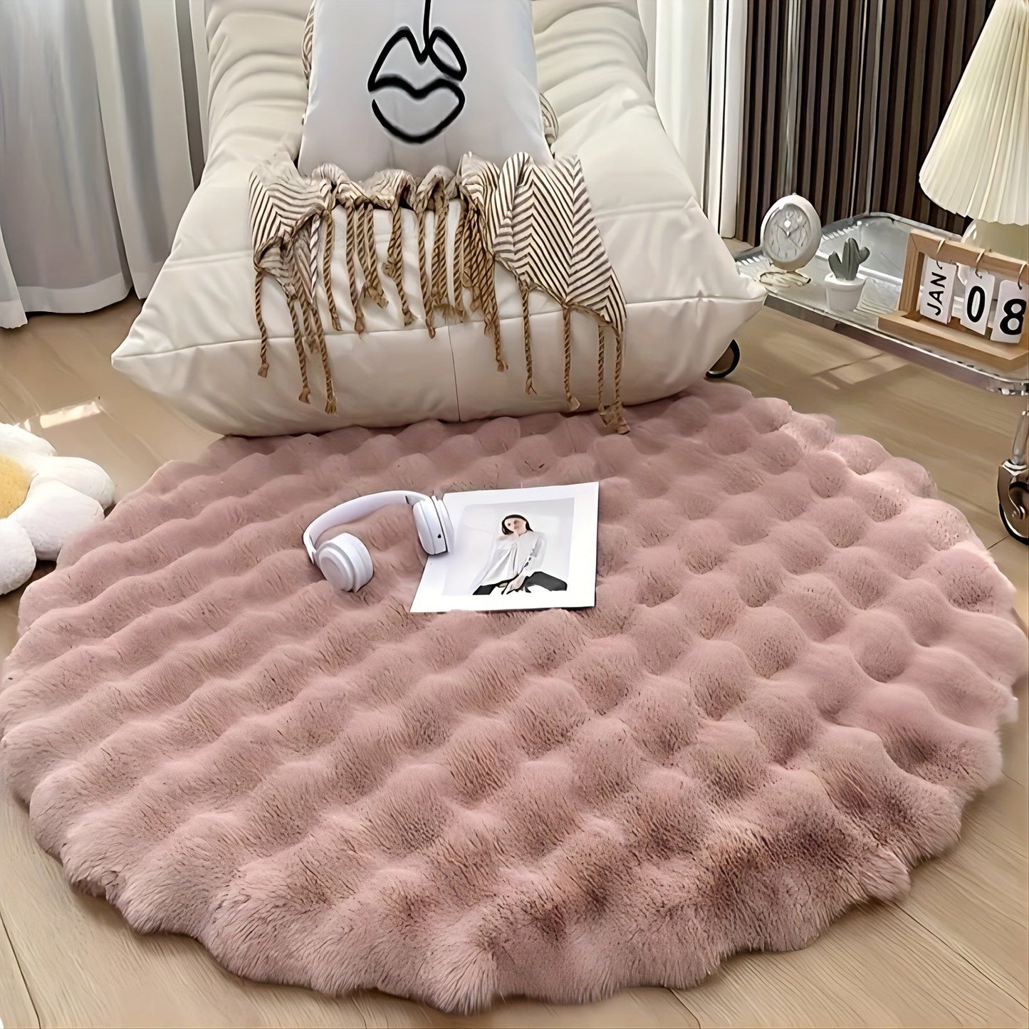 The Luxurious Plush Round Mat offers Minimalist Elegance - Featuring Ribbed Texture Design, this Ultra-Soft, Machine Washable, Non-Slip Polyester Mat comes in White or Pink. Ideal for Bedroom, Living Room, Closet, Dressing Area, and Home Decor, these