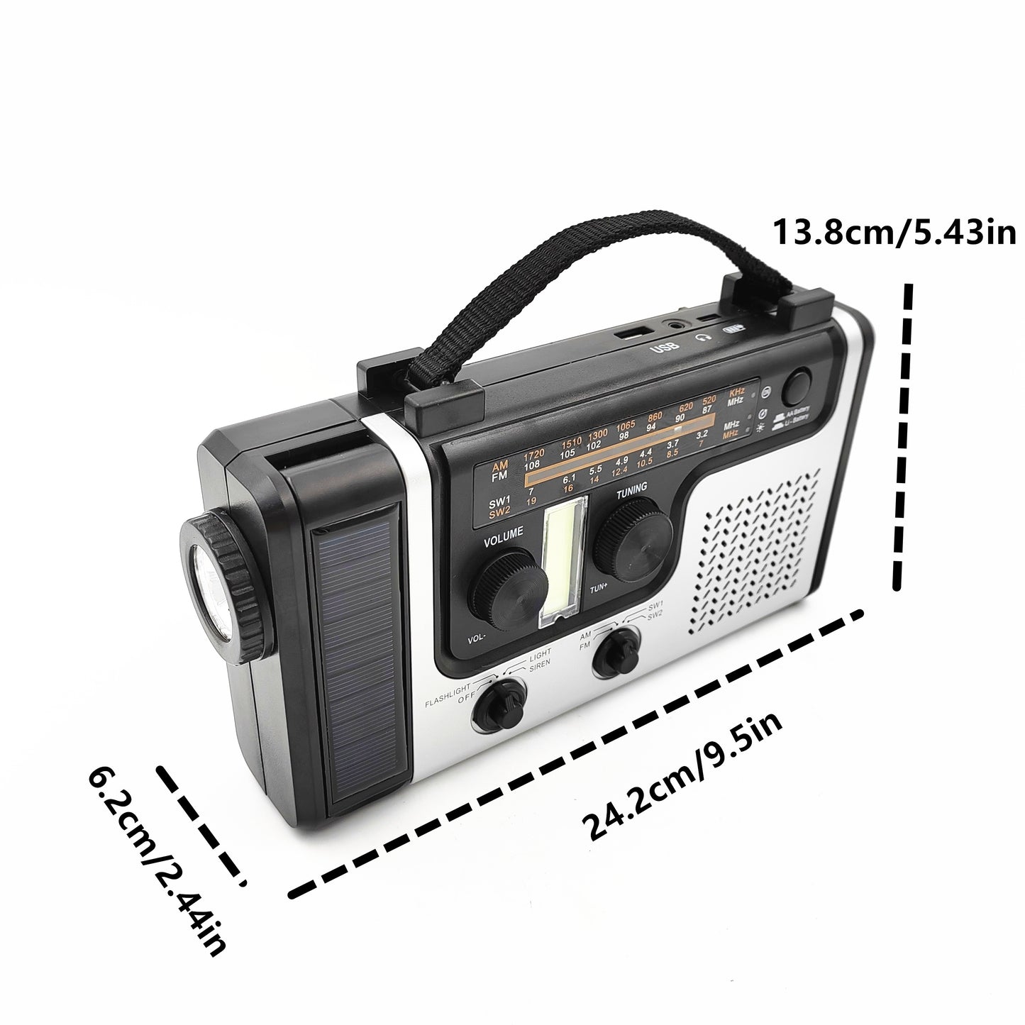 Hand crank emergency radio with AM/FM/SW bands, flashlight, siren, reading light, and mobile phone charger.