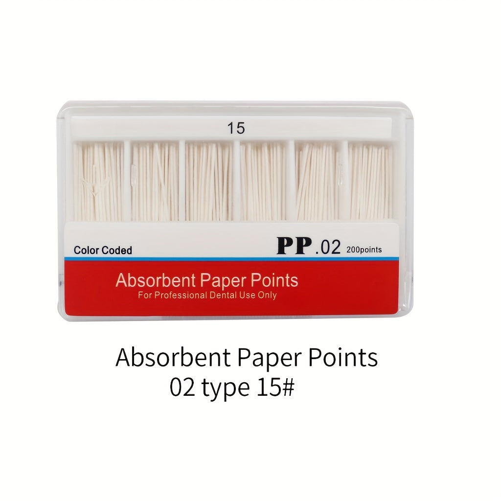 200 Model Taper 02 Absorbent Paper Points in sizes 15, 20, 25, 30, and 40.