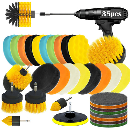 35-piece Drill Brush Kit, versatile Electric Scrubbing Brush Set, featuring interchangeable attachments for easy cleaning of floors, bathrooms, kitchens, cars, and outdoor surfaces - no electricity required.