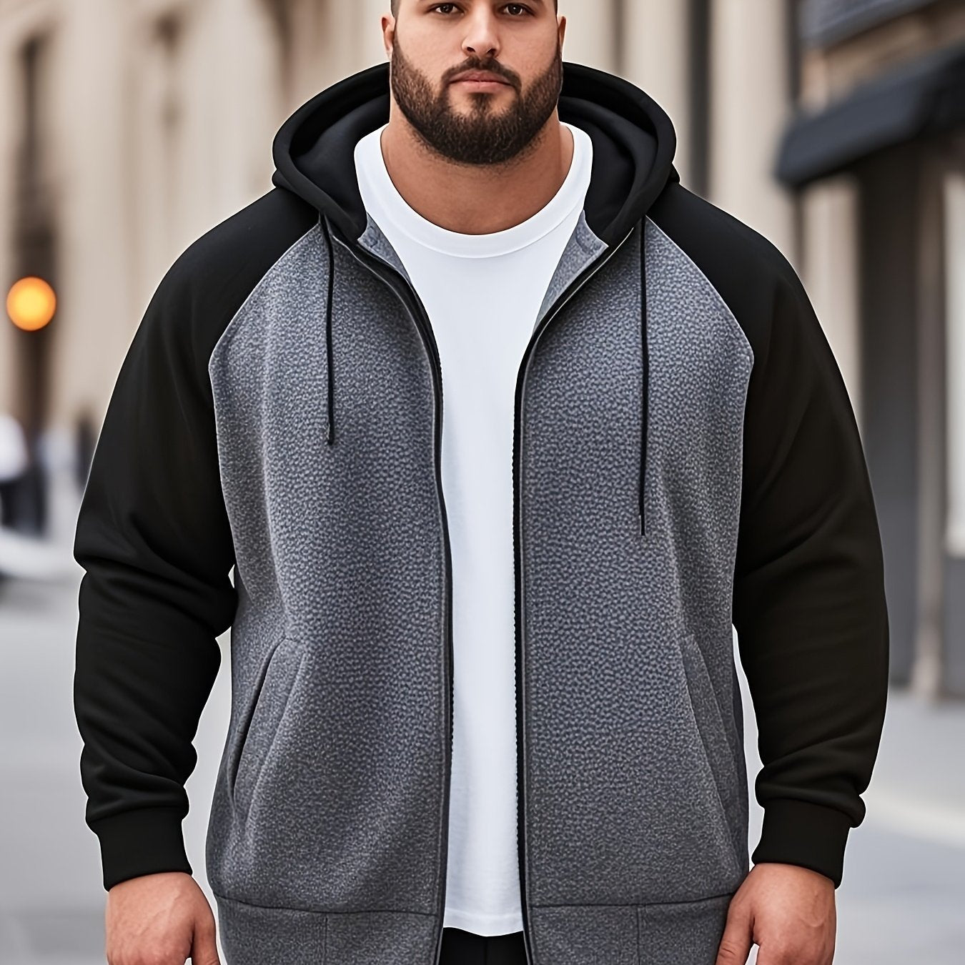 Men's Plus Size Color Block Hoodie with Kangaroo Pocket - Casual Streetwear, Machine Washable, Polyester - Ideal Family Gift