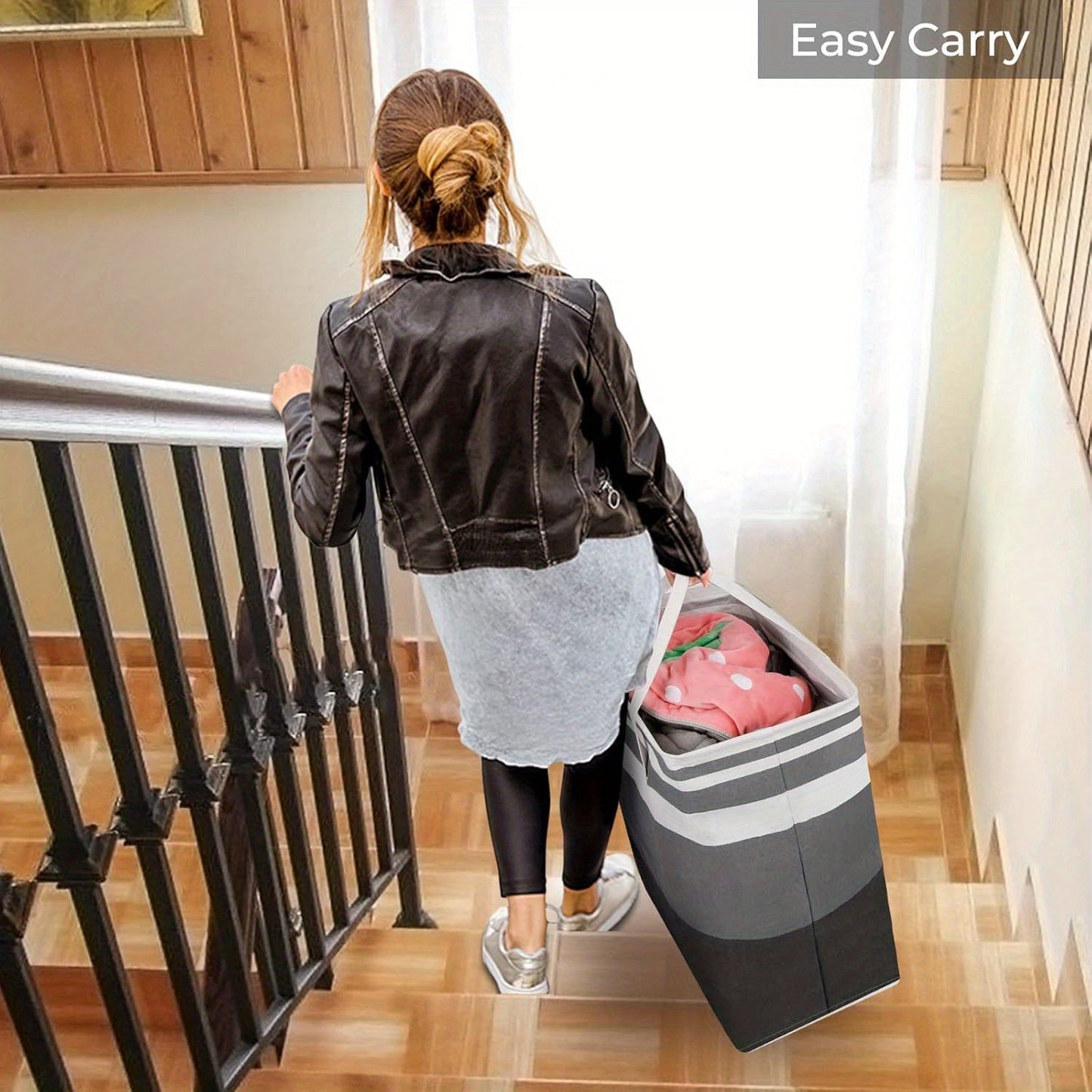 Graduated Grey Laundry Basket with Waterproof and Freestanding Design - This Collapsible Tall Clothes Hamper features Extended Handles for Easy Transport of Clothes and Toys in the Dorm and Family - 75L Capacity.