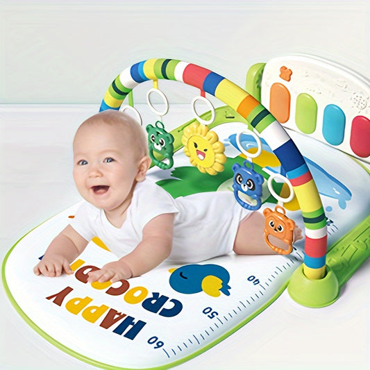 Colorful educational play mat with musical keys and hanging toys made of polyester. Easy to assemble, ideal for kids, great gift for holidays and birthdays.