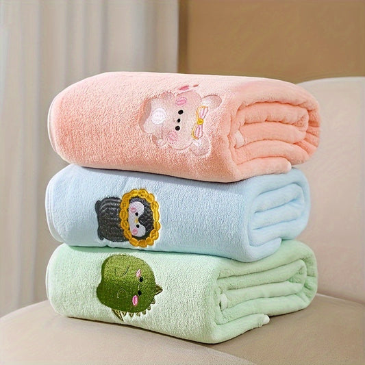 Two-pack of SoftTouch baby bath towels made from highly absorbent polyester coral fleece, featuring quick-dry technology. Each towel is adorned with adorable animal embroidery, ensuring they are soft and do not shed.