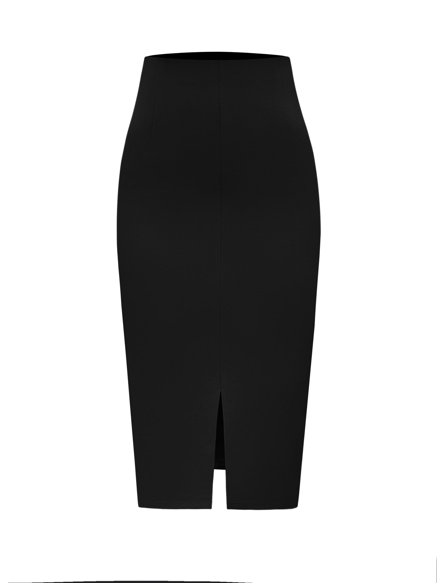 Stylish black midi skirt for women with a chic slim silhouette, high-waisted design, and side slit, made with a stretchy rayon blend ideal for spring/summer fashion.